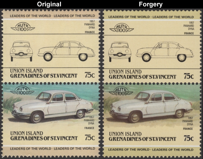Saint Vincent Union Island 1985 Automobiles Panhard Fake with Original 75c Stamp Comparison