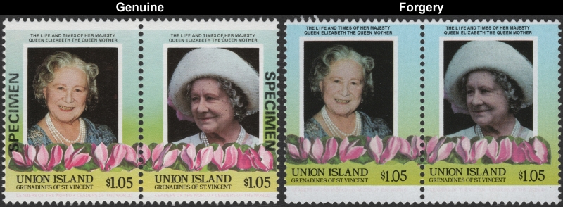 Saint Vincent Grenadines Union Island 1985 Leaders of the World Queen Elizabeth 85th Birthday $1.05 Forgery Stamp Pair with Genuine Stamp Pair Comparison
