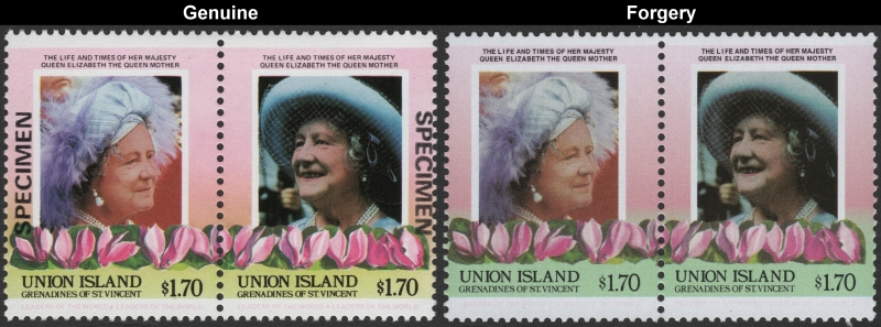 Saint Vincent Grenadines Union Island 1985 Leaders of the World Queen Elizabeth 85th Birthday $1.70 Forgery Stamp Pair with Genuine Stamp Pair Comparison