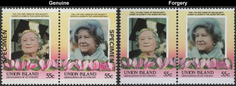 Saint Vincent Grenadines Union Island 1985 Leaders of the World Queen Elizabeth 85th Birthday 55c Forgery Stamp Pair with Genuine Stamp Pair Comparison