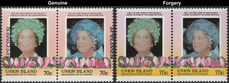 Saint Vincent Grenadines Union Island 1985 Leaders of the World Queen Elizabeth 85th Birthday 70c Forgery Stamp Pair with Genuine Stamp Pair Comparison