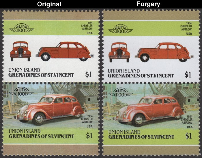 Saint Vincent Union Island 1986 Automobiles Chrysler Fake with Original $1 Stamp Comparison