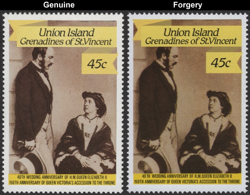 Saint Vincent Union Island 1987 Queen Elizabeth 40th Wedding Anniversary 45c Forgery Stamp with Genuine Stamp Comparison