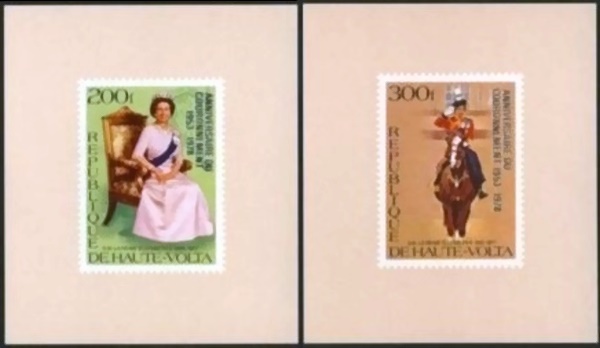 Upper Volta 1978 25th Anniversary of the Coronation of Queen Elizabeth II Deluxe Sheetlet Set with Tan Background