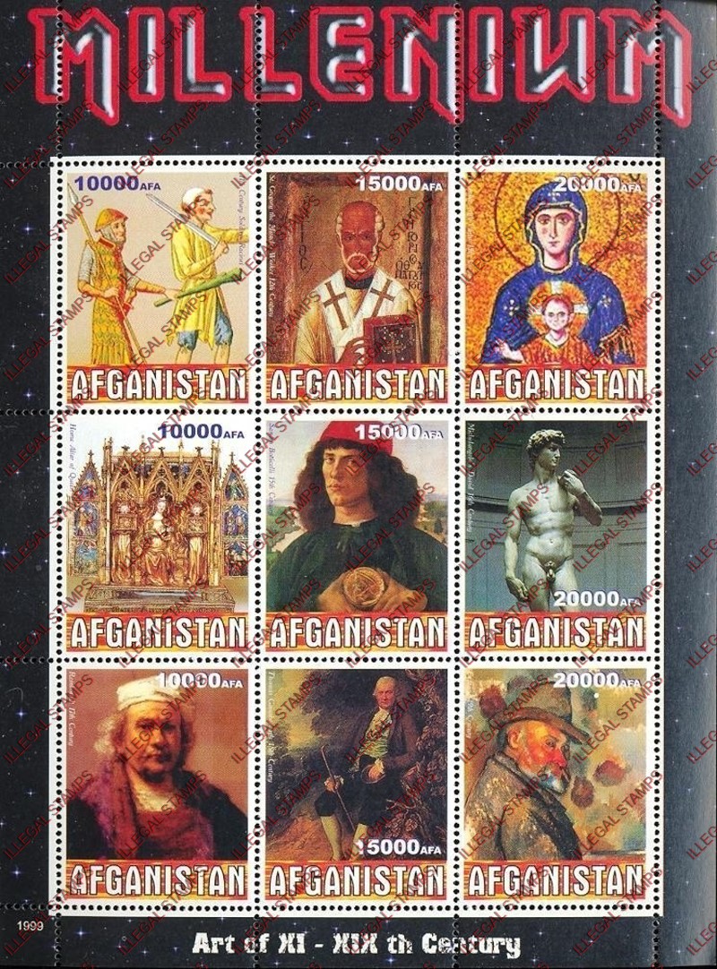 Afghanistan 1999 Art Millenium Illegal Stamp Sheetlet of Nine Afghanistan 1999 Art Millenium Illegal Stamp Sheetlet of Nine