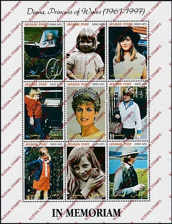 Afghanistan 1999 Princess Diana in Memoriam Illegal Stamp Sheetlet of Nine Afghanistan 1999 Princess Diana in Memoriam Illegal Stamp Sheetlet of Nine