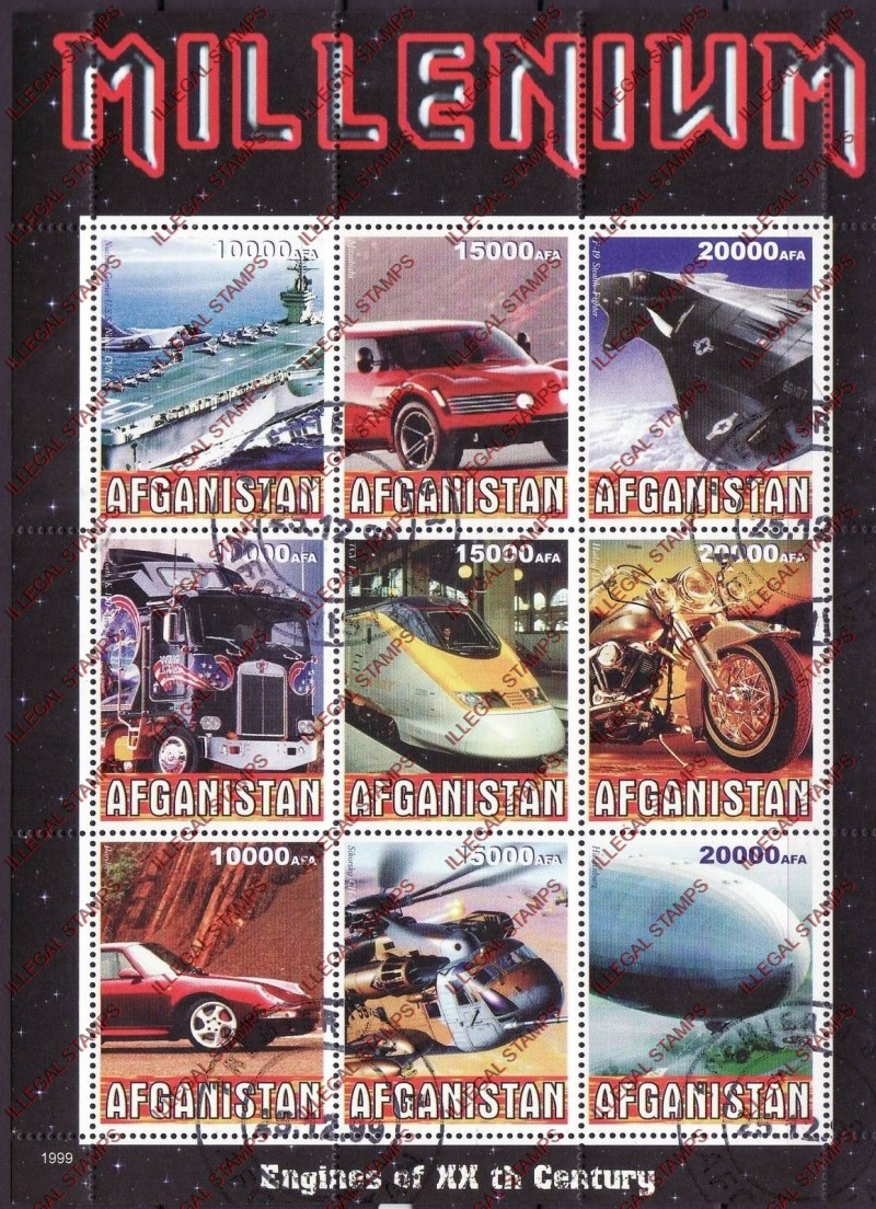 Afghanistan 1999 Engines Millenium Illegal Stamp Sheetlet of Nine Afghanistan 1999 Engines Millenium Illegal Stamp Sheetlet of Nine