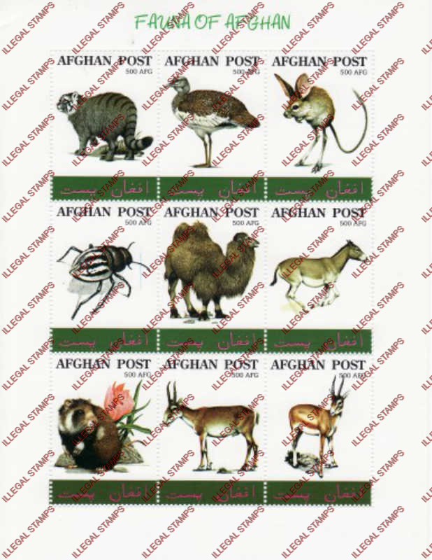 Afghanistan 1999 Fauna of Afghan Illegal Stamp Sheetlet of Nine Afghanistan 1999 Fauna of Afghan Illegal Stamp Sheetlet of Nine