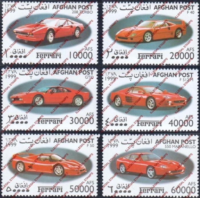Afghanistan 1999 Ferrari Illegal Stamp Set of Six Afghanistan 1999 Ferrari Illegal Stamp Set of Six