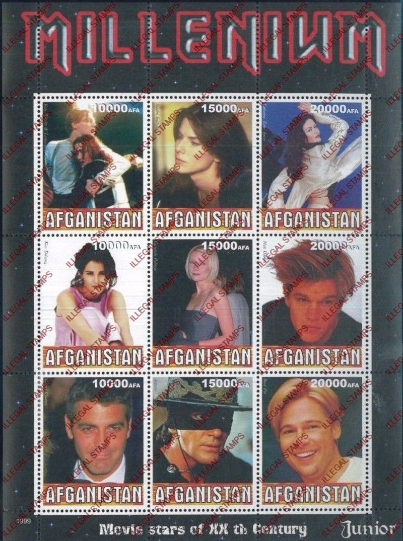 Afghanistan 1999 Movie Stars (Junior) Millenium Illegal Stamp Sheetlet of Nine Afghanistan 1999 Movie Stars (Junior) Millenium Illegal Stamp Sheetlet of Nine