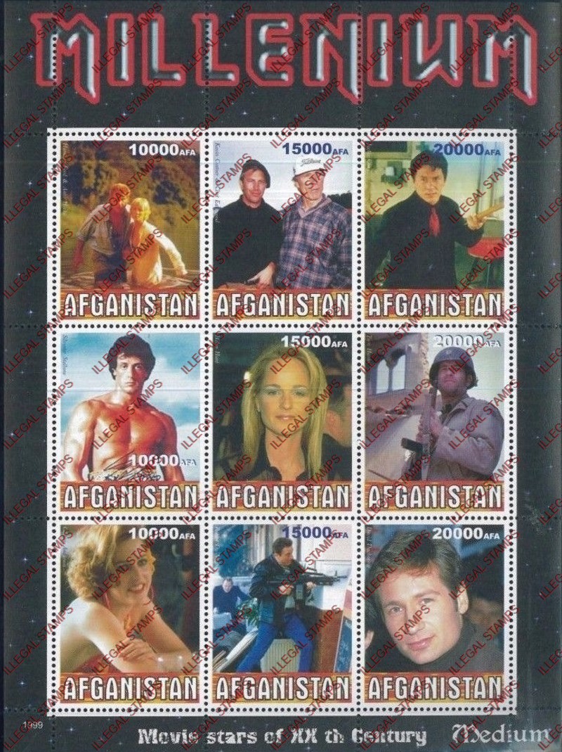 Afghanistan 1999 Movie Stars (Medium) Millenium Illegal Stamp Sheetlet of Nine Afghanistan 1999 Movie Stars (Medium) Millenium Illegal Stamp Sheetlet of Nine