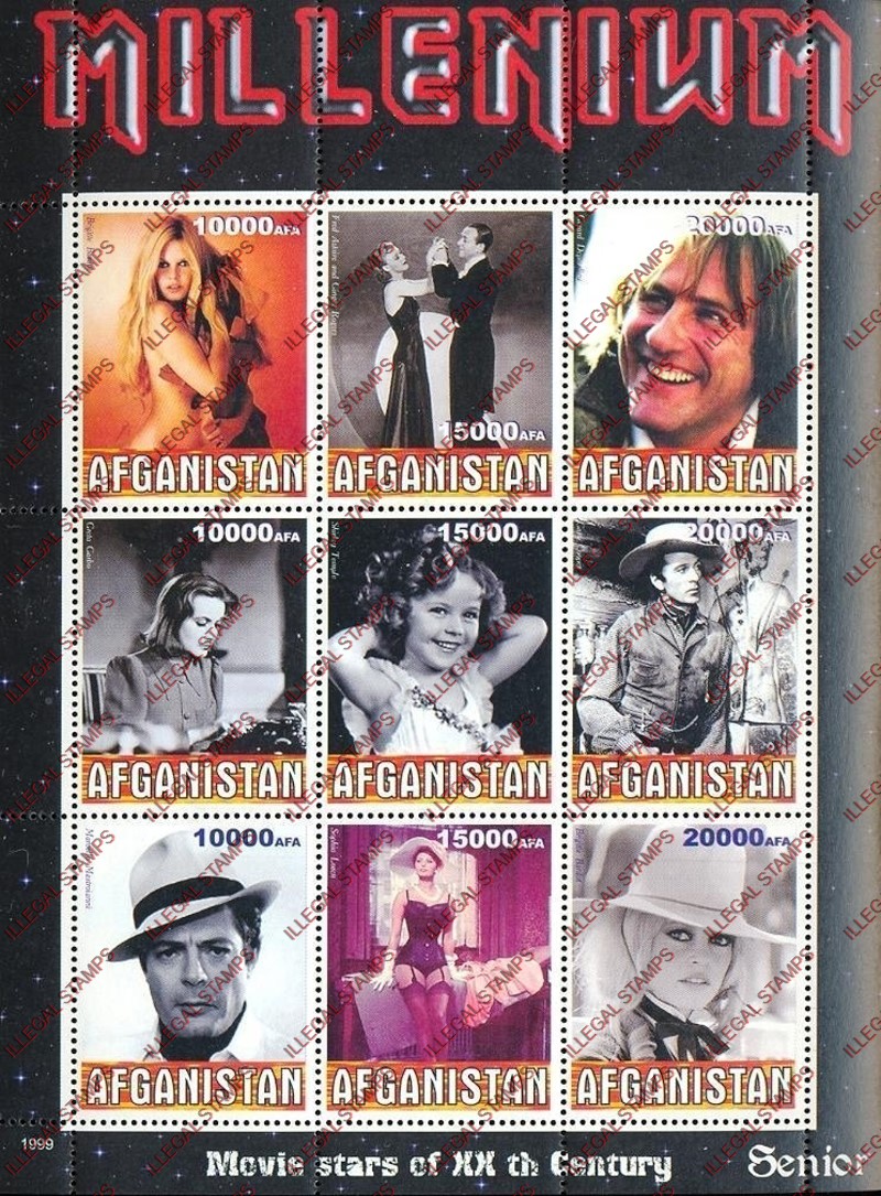 Afghanistan 1999 Movie Stars (Senior) Millenium Illegal Stamp Sheetlet of Nine Afghanistan 1999 Movie Stars (Senior) Millenium Illegal Stamp Sheetlet of Nine