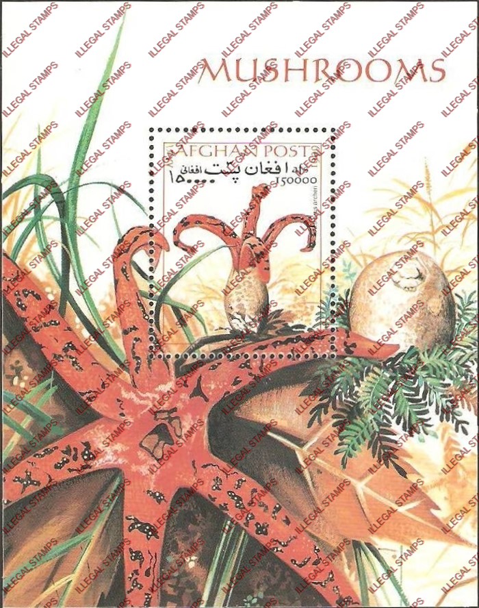 Afghanistan 1999 Mushrooms Illegal Stamp Souvenir Sheet of One Afghanistan 1999 Mushrooms Illegal Stamp Souvenir Sheet of One