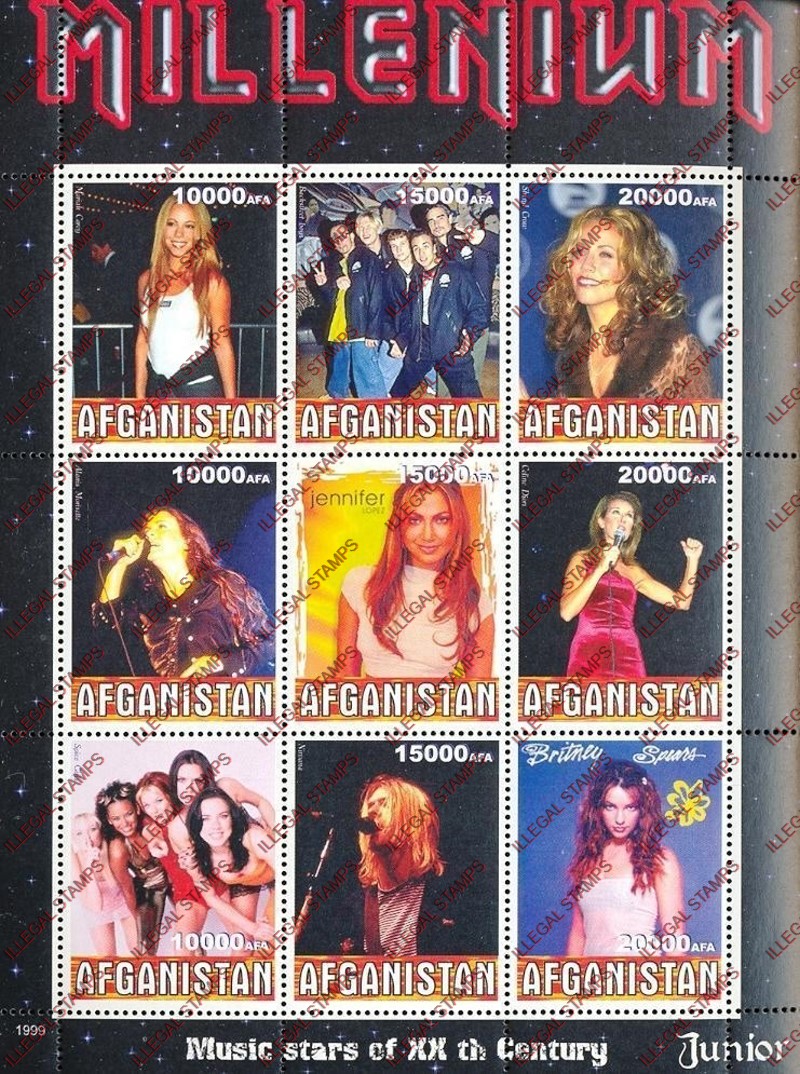 Afghanistan 1999 Music Stars (Junior) Millenium Illegal Stamp Sheetlet of Nine Afghanistan 1999 Music Stars (Junior) Millenium Illegal Stamp Sheetlet of Nine
