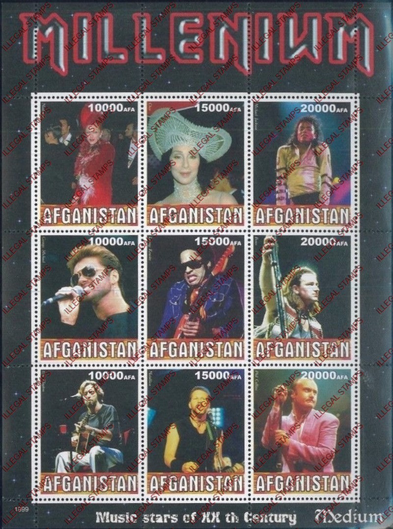 Afghanistan 1999 Music Stars (Medium) Millenium Illegal Stamp Sheetlet of Nine Afghanistan 1999 Music Stars (Medium) Millenium Illegal Stamp Sheetlet of Nine