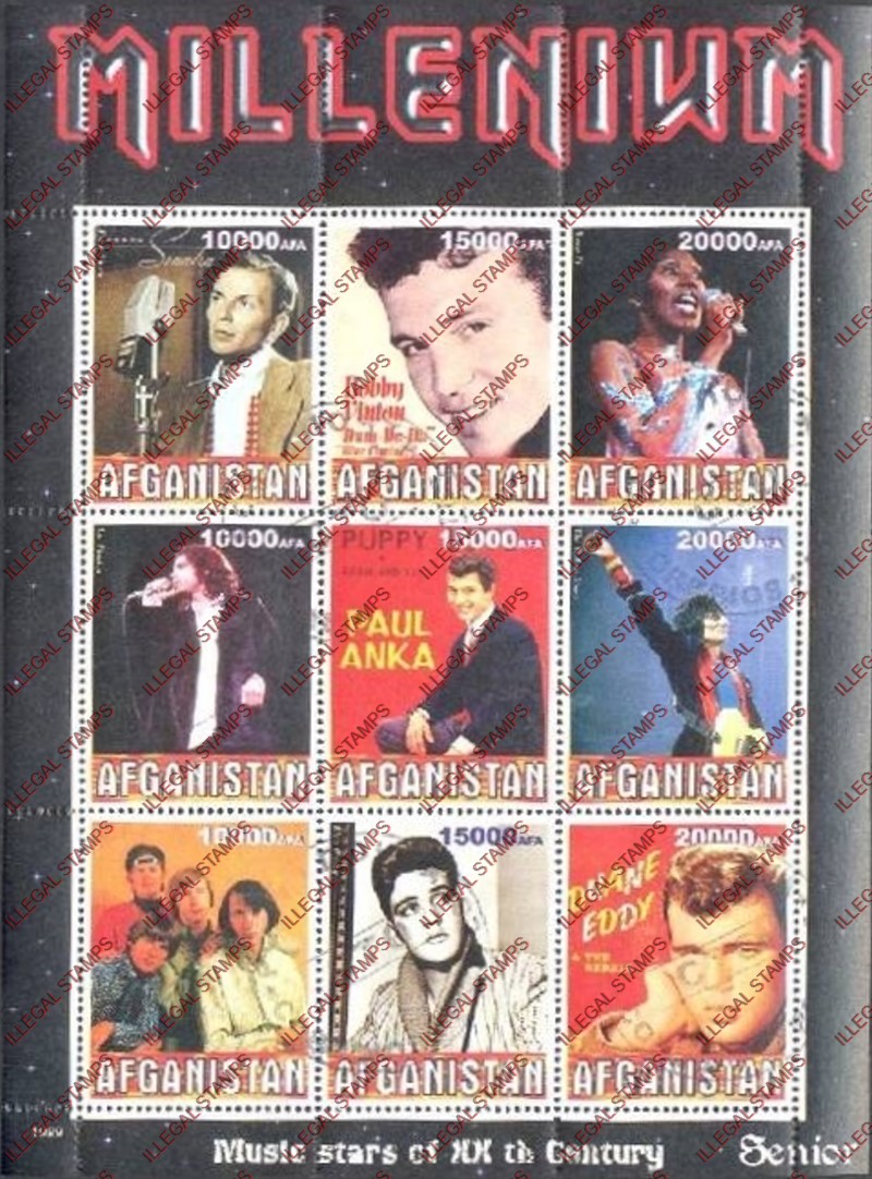 Afghanistan 1999 Music Stars (Senior) Millenium Illegal Stamp Sheetlet of Nine Afghanistan 1999 Music Stars (Senior) Millenium Illegal Stamp Sheetlet of Nine