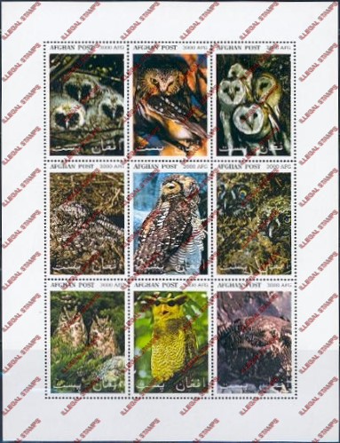 Afghanistan 1999 Owls Illegal Stamp Sheetlet of Nine Afghanistan 1999 Owls Illegal Stamp Sheetlet of Nine