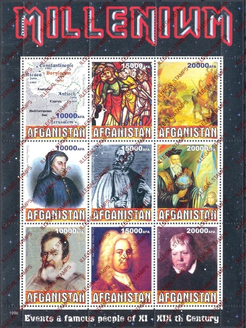 Afghanistan 1999 Famous People and Events Millenium Illegal Stamp Sheetlet of Nine Afghanistan 1999 Famous People and Events Millenium Illegal Stamp Sheetlet of Nine