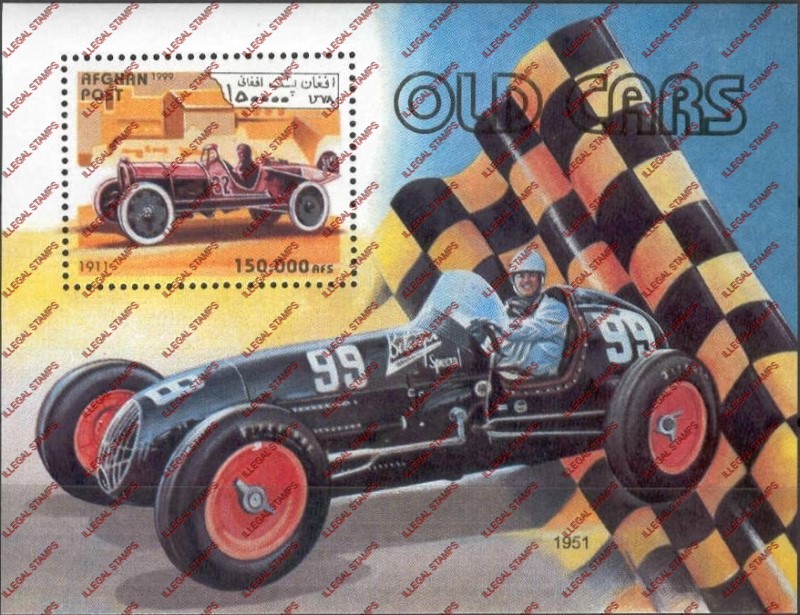 Afghanistan 1999 Vintage Race Cars Illegal Stamp Souvenir Sheet of One Afghanistan 1999 Vintage Race Cars Illegal Stamp Souvenir Sheet of One