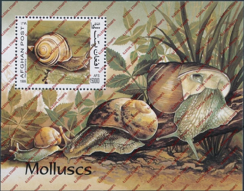 Afghanistan 1999 Snails Illegal Stamp Souvenir Sheet of One Afghanistan 1999 Snails Illegal Stamp Souvenir Sheet of One