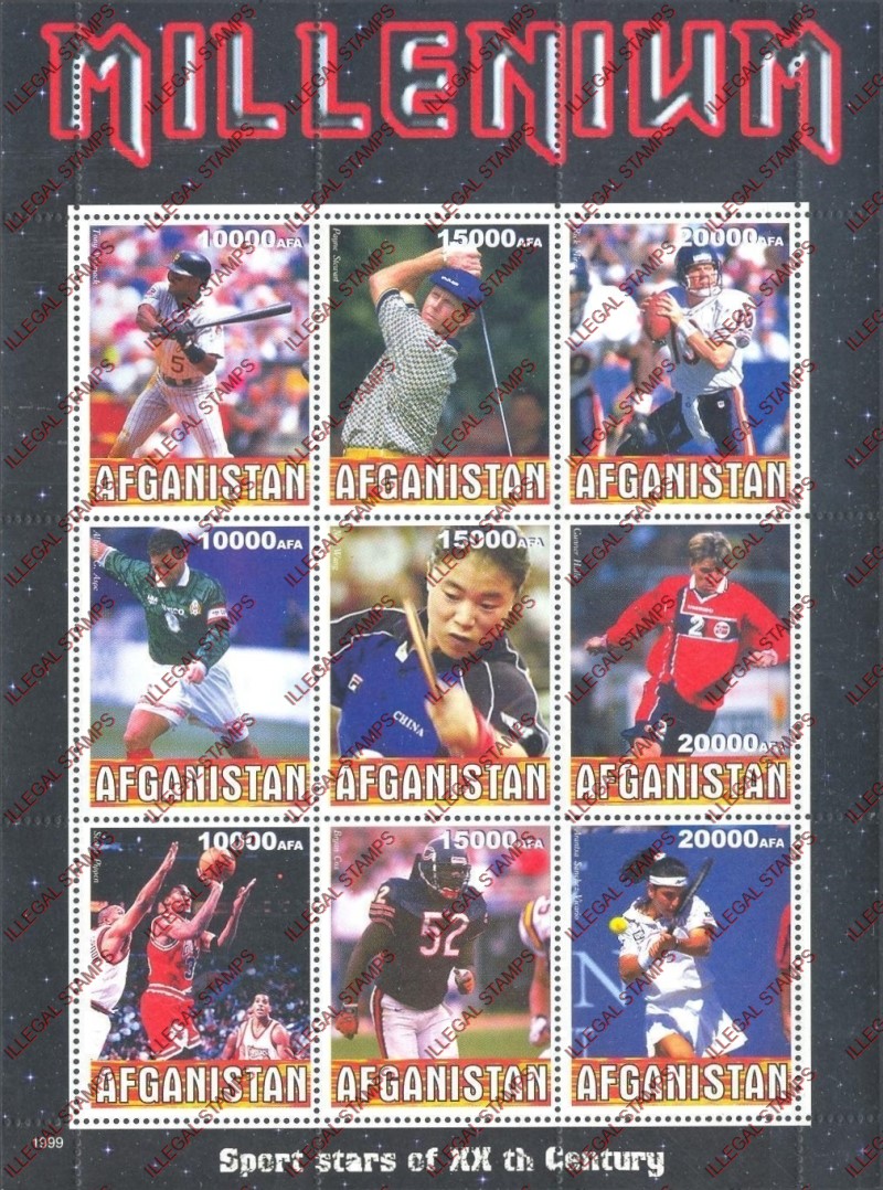 Afghanistan 1999 Sport Stars Millenium Illegal Stamp Sheetlet of Nine Afghanistan 1999 Sport Stars Millenium Illegal Stamp Sheetlet of Nine