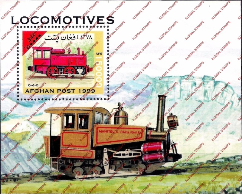 Afghanistan 1999 Locomotives Trains Illegal Stamp Souvenir Sheet of One Afghanistan 1999 Locomotives Trains Illegal Stamp Souvenir Sheet of One