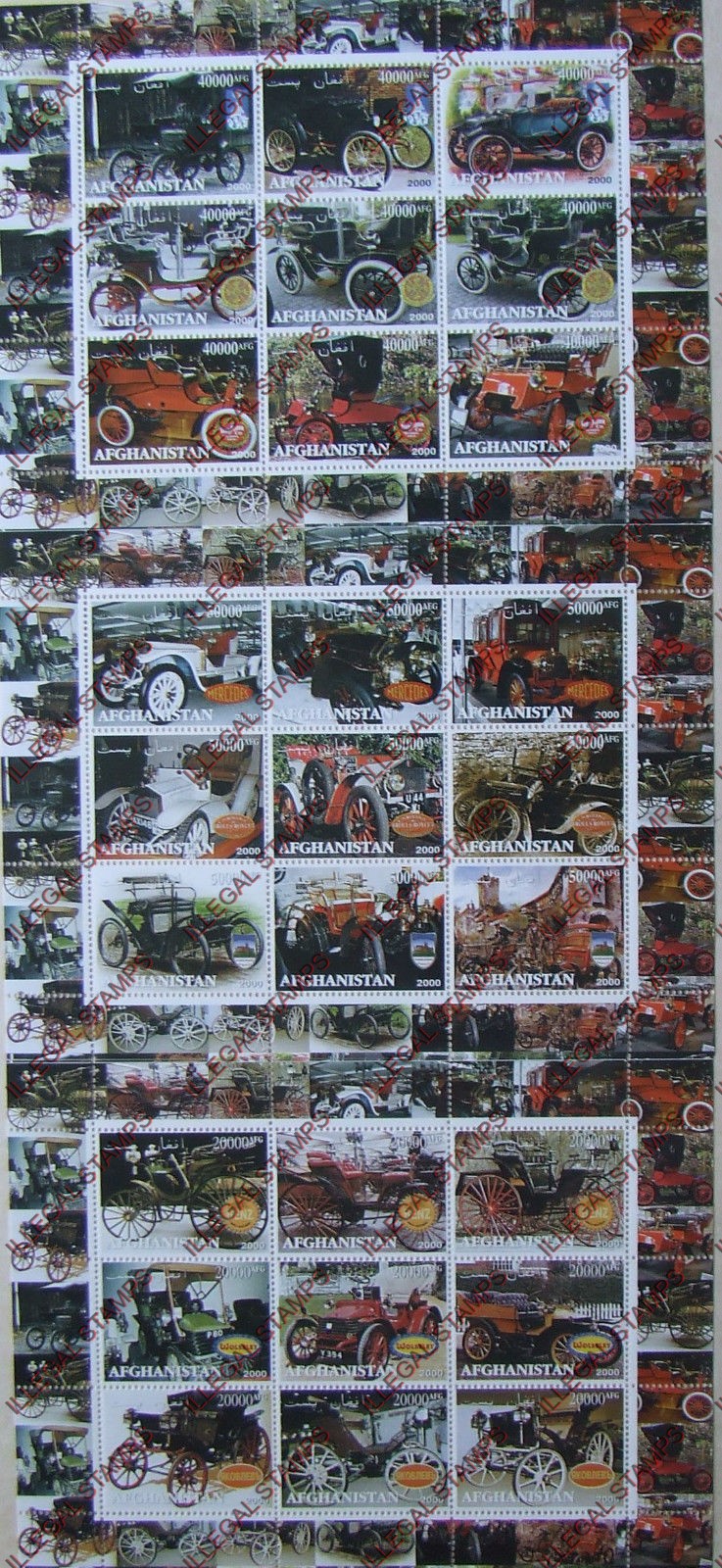 Afghanistan 2000 Antique Cars Illegal Stamp Sheetlets of Nine Afghanistan 2000 Antique Cars Illegal Stamp Sheetlets of Nine