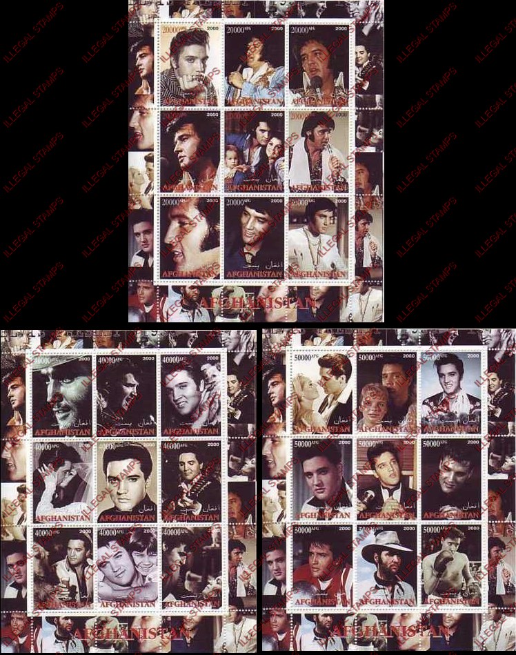 Afghanistan 2000 Elvis Presley Illegal Stamp Sheetlets of Nine Afghanistan 2000 Elvis Presley Illegal Stamp Sheetlets of Nine
