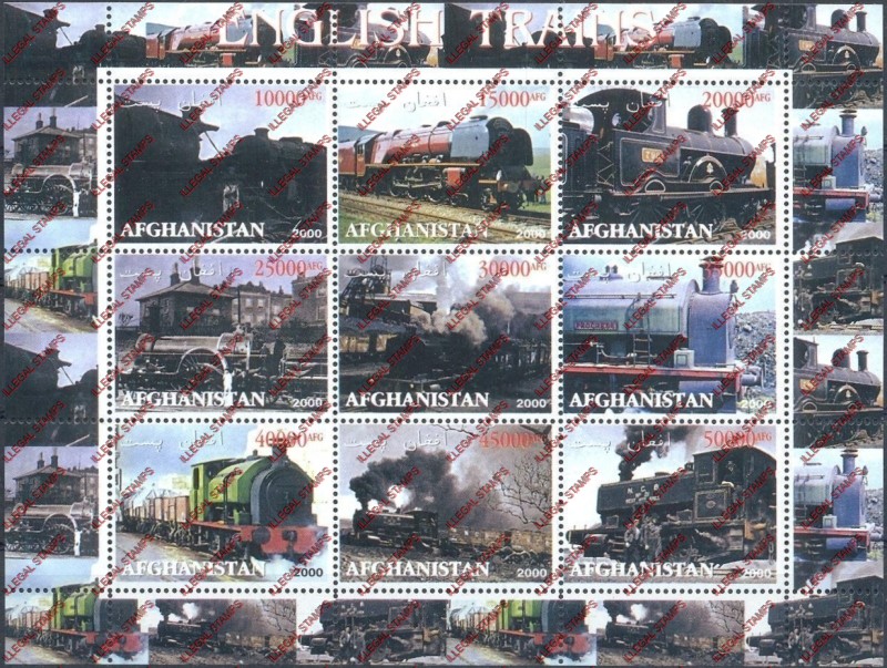 Afghanistan 2000 English Trains Illegal Stamp Sheetlet of Nine Afghanistan 2000 English Trains Illegal Stamp Sheetlet of Nine