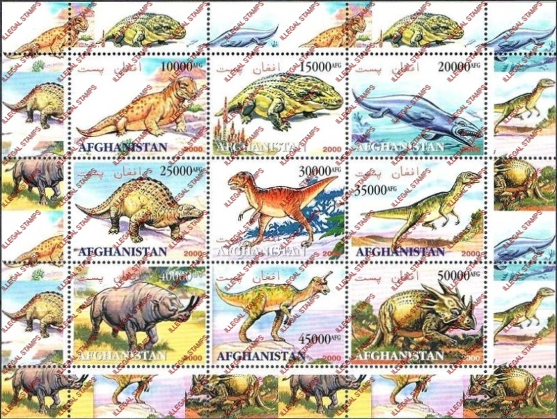 Afghanistan 2000 Fauna Dinosaurs Illegal Stamp Sheetlet of Nine (horizontal) Afghanistan 2000 Fauna Dinosaurs Illegal Stamp Sheetlet of Nine (horizontal)