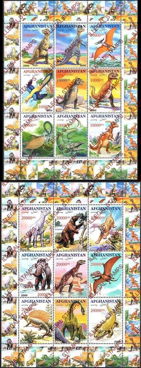 Afghanistan 2000 Fauna Dinosaurs Illegal Stamp Sheetlets of Nine (vertical) Afghanistan 2000 Fauna Dinosaurs Illegal Stamp Sheetlets of Nine (vertical)