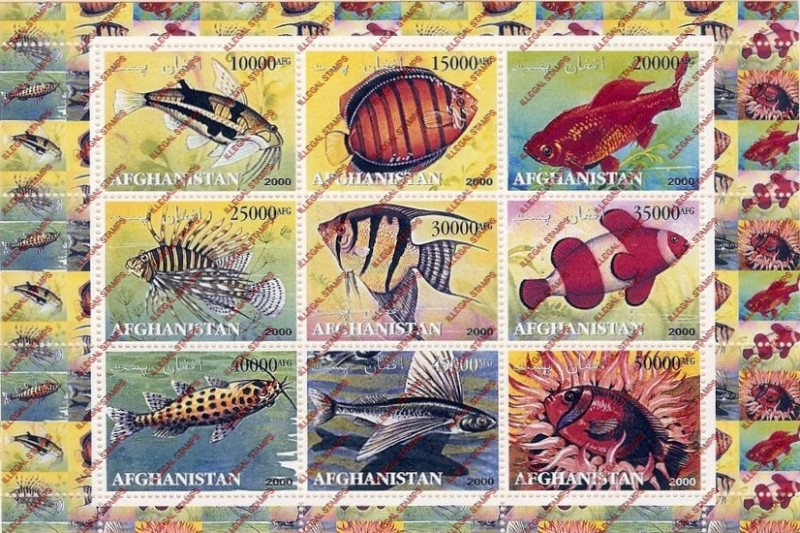 Afghanistan 2000 Fish Illegal Stamp Sheetlet of Nine Afghanistan 2000 Fish Illegal Stamp Sheetlet of Nine