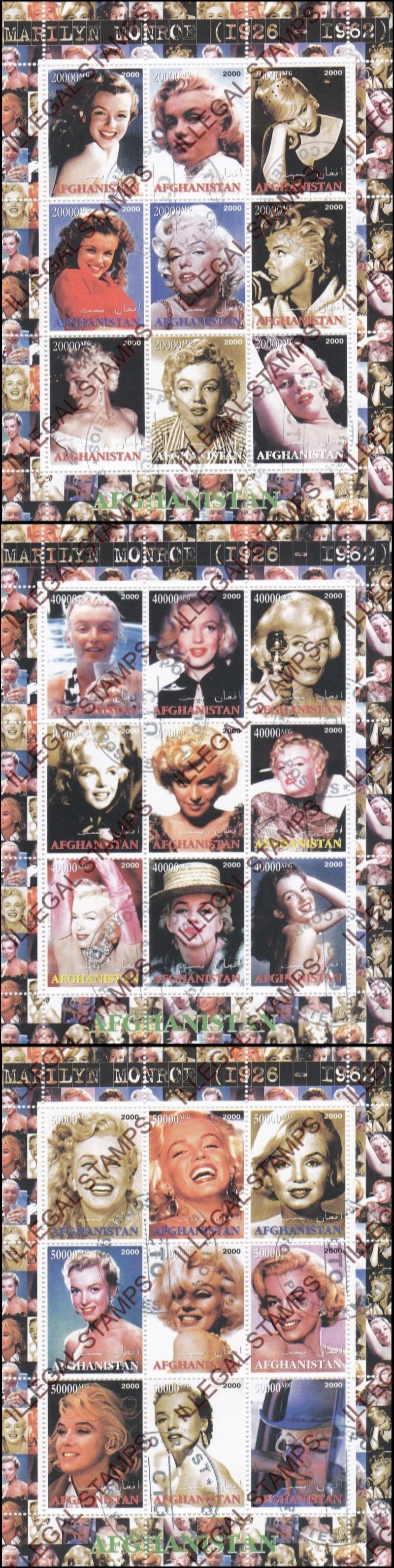 Afghanistan 2000 Marilyn Monroe Illegal Stamp Sheetlets of Nine Afghanistan 2000 Marilyn Monroe Illegal Stamp Sheetlets of Nine