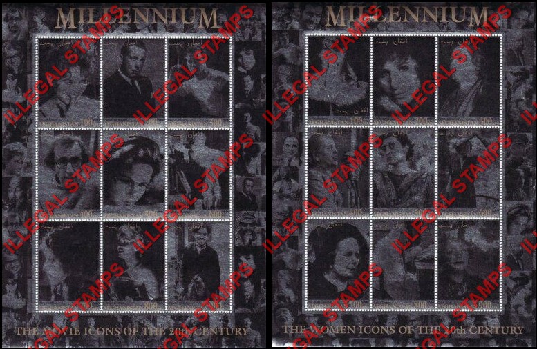 Afghanistan 2000 Millenium Movie Icons of the 20th Century Illegal Stamp Sheetlets of Nine Afghanistan 2000 Millenium Movie Icons of the 20th Century Illegal Stamp Sheetlets of Nine