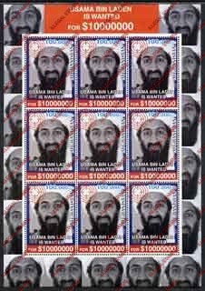 Afghanistan 2000 Usama Bin Laden Wanted Illegal Stamp Sheetlet of Nine Afghanistan 2000 Usama Bin Laden Wanted Illegal Stamp Sheetlet of Nine