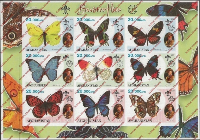 Afghanistan 2001 Butterflies Scouts Baden Powell Illegal Stamp Sheetlet of Nine Afghanistan 2001 Butterflies Scouts Baden Powell Illegal Stamp Sheetlet of Nine