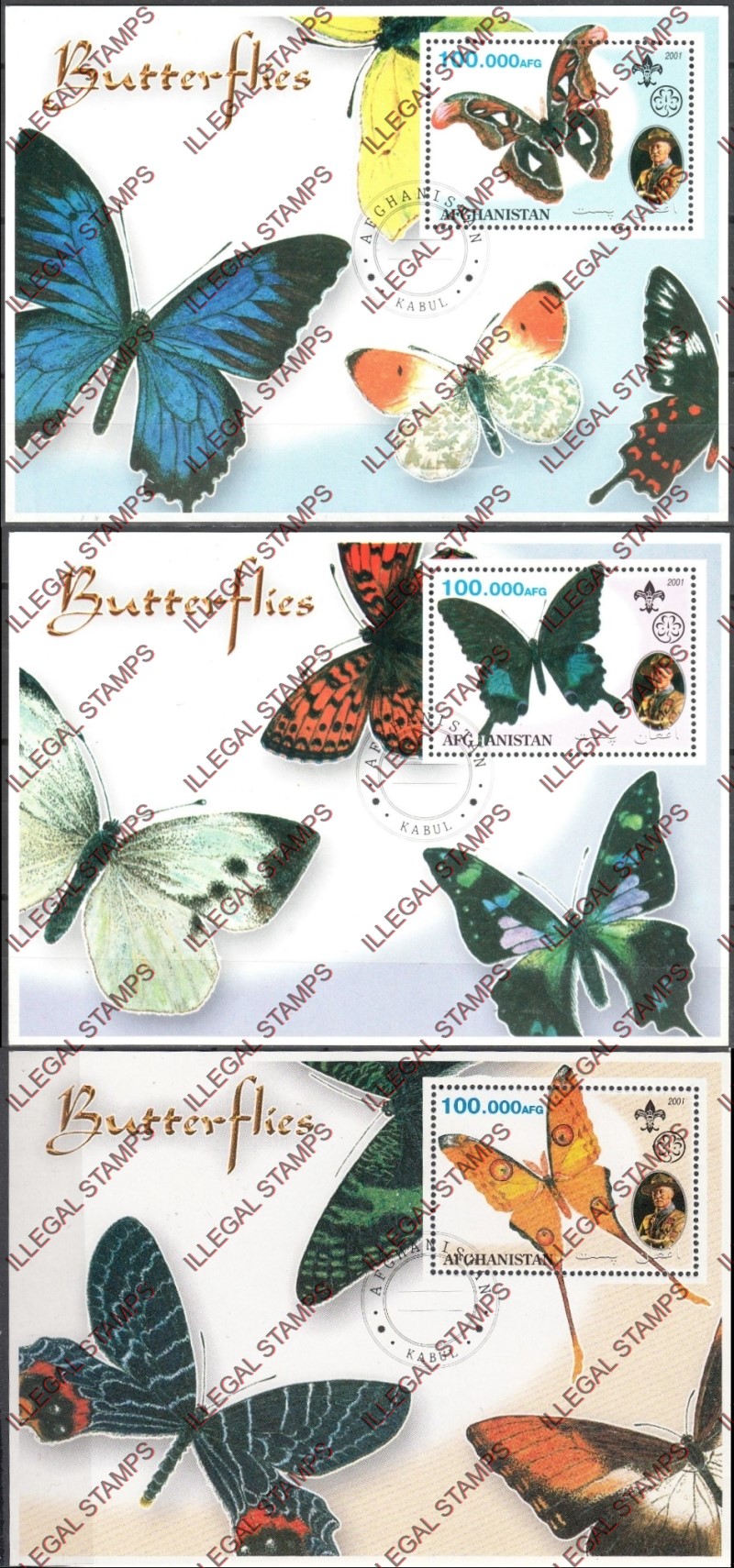 Afghanistan 2001 Butterflies Scouts Baden Powell Illegal Stamp Souvenir Sheets of One Afghanistan 2001 Butterflies Scouts Baden Powell Illegal Stamp Souvenir Sheets of One