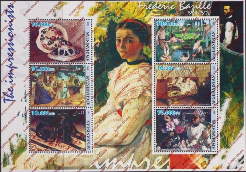 Afghanistan 2001 Impressionists Frederic Bazzila Illegal Stamp Sheetlet of Six Afghanistan 2001 Impressionists Frederic Bazzila Illegal Stamp Sheetlet of Six