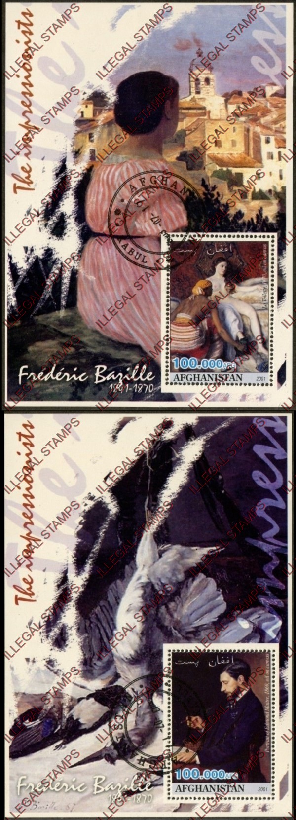 Afghanistan 2001 Impressionists Frederic Bazzila Illegal Stamp Souvenir Sheets of One Afghanistan 2001 Impressionists Frederic Bazzila Illegal Stamp Souvenir Sheets of One