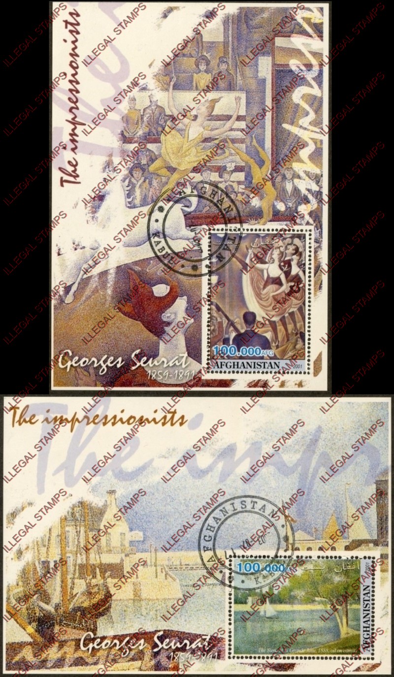 Afghanistan 2001 Impressionists Georges Seurat Illegal Stamp Souvenir Sheets of One Afghanistan 2001 Impressionists Georges Seurat Illegal Stamp Souvenir Sheets of One