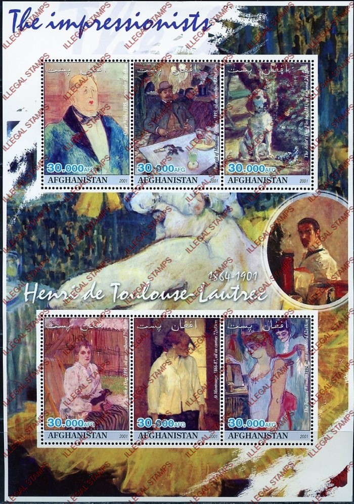 Afghanistan 2001 Impressionists Henri de Toulouse Lautrec Illegal Stamp Sheetlet of Six Afghanistan 2001 Impressionists Henri de Toulouse Lautrec Illegal Stamp Sheetlet of Six