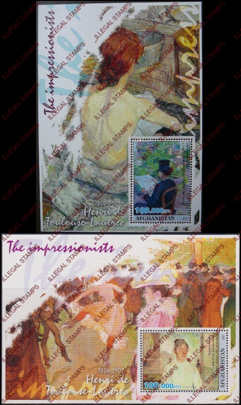 Afghanistan 2001 Impressionists Henri de Toulouse Lautrec Illegal Stamp Souvenir Sheets of One Afghanistan 2001 Impressionists Henri de Toulouse Lautrec Illegal Stamp Souvenir Sheets of One