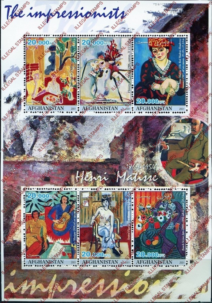 Afghanistan 2001 Impressionists Henri Matisse Illegal Stamp Sheetlet of Six Afghanistan 2001 Impressionists Henri Matisse Illegal Stamp Sheetlet of Six