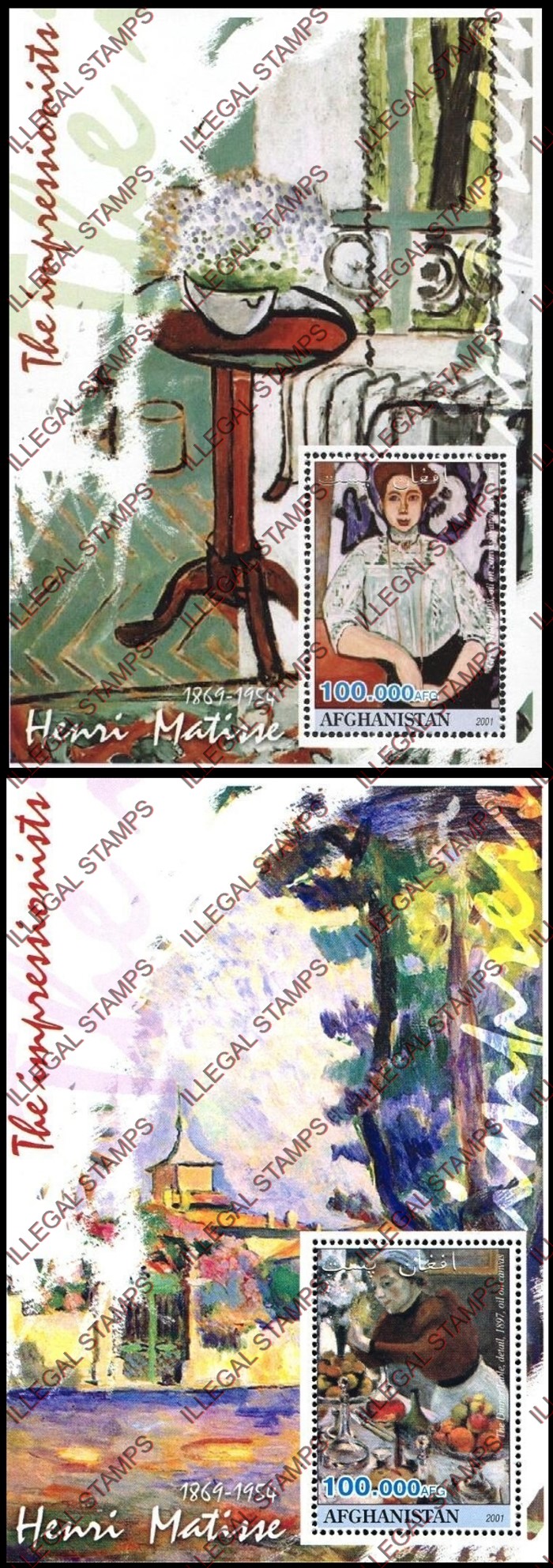 Afghanistan 2001 Impressionists Henri Matisse Illegal Stamp Souvenir Sheets of One Afghanistan 2001 Impressionists Henri Matisse Illegal Stamp Souvenir Sheets of One