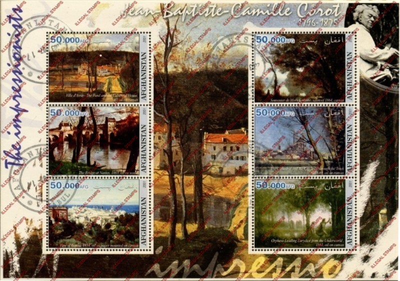 Afghanistan 2001 Impressionists Jean-Baptiste-Camille Corot Illegal Stamp Sheetlet of Six Afghanistan 2001 Impressionists Jean-Baptiste-Camille Corot Illegal Stamp Sheetlet of Six
