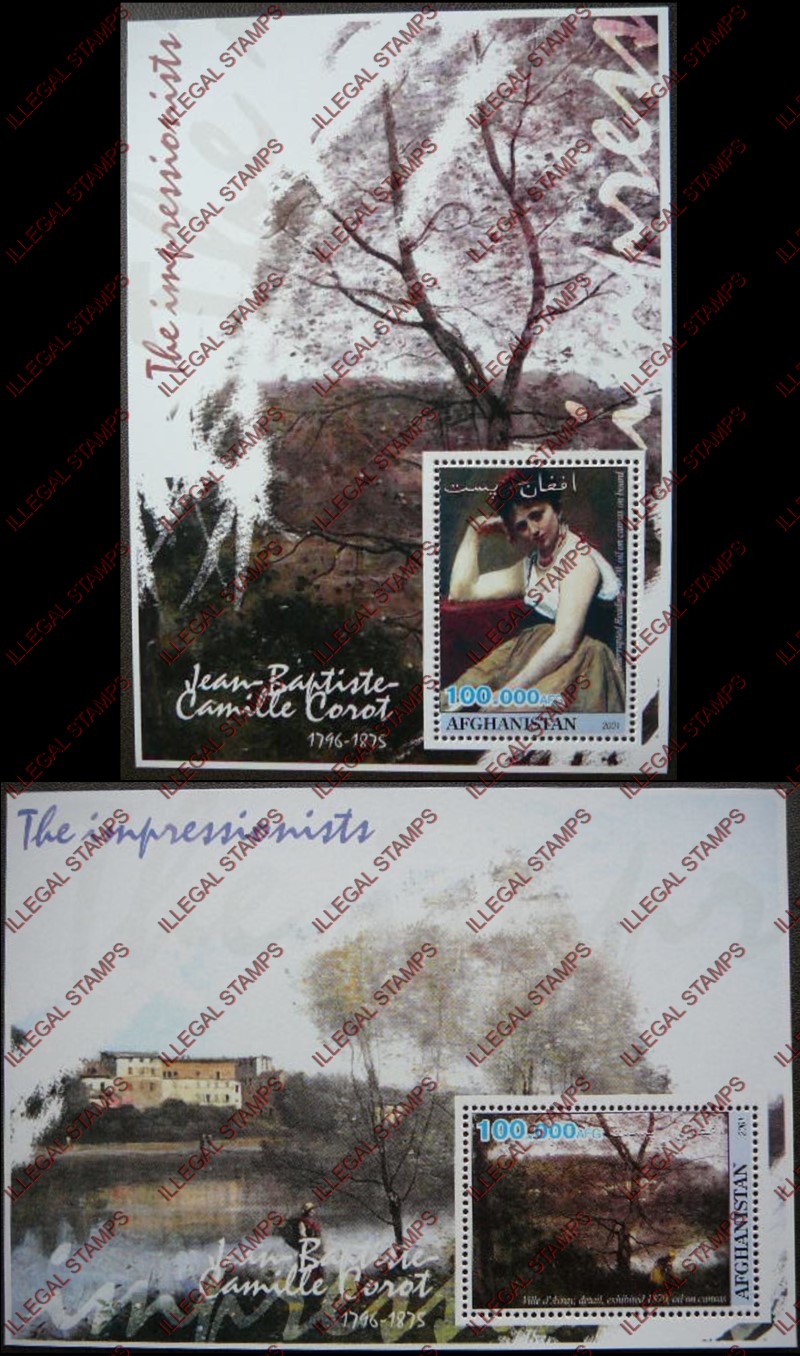 Afghanistan 2001 Impressionists Jean-Baptiste-Camille Corot Illegal Stamp Souvenir Sheets of One Afghanistan 2001 Impressionists Jean-Baptiste-Camille Corot Illegal Stamp Souvenir Sheets of One