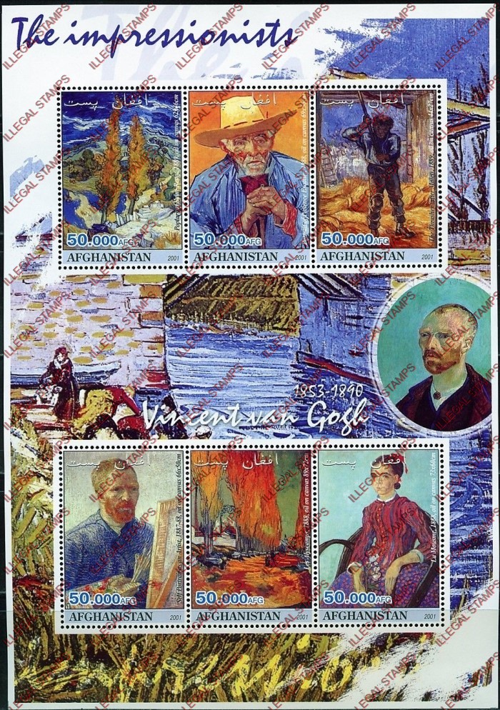 Afghanistan 2001 Impressionists Vincent van Gogh Illegal Stamp Sheetlet of Six Afghanistan 2001 Impressionists Vincent van Gogh Illegal Stamp Sheetlet of Six