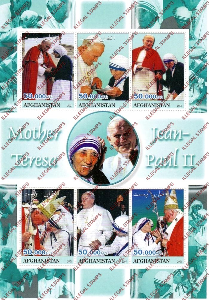 Afghanistan 2001 Mother Teresa and Pope Jean Paul Illegal Stamp Sheetlet of Six Afghanistan 2001 Mother Teresa and Pope Jean Paul Illegal Stamp Sheetlet of Six