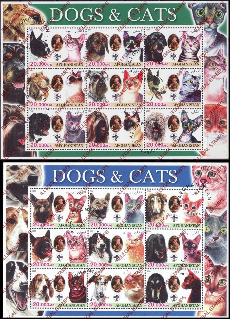 Afghanistan 2003 Dogs and Cats Illegal Stamp Sheetlets of Nine Afghanistan 2003 Dogs and Cats Illegal Stamp Sheetlets of Nine