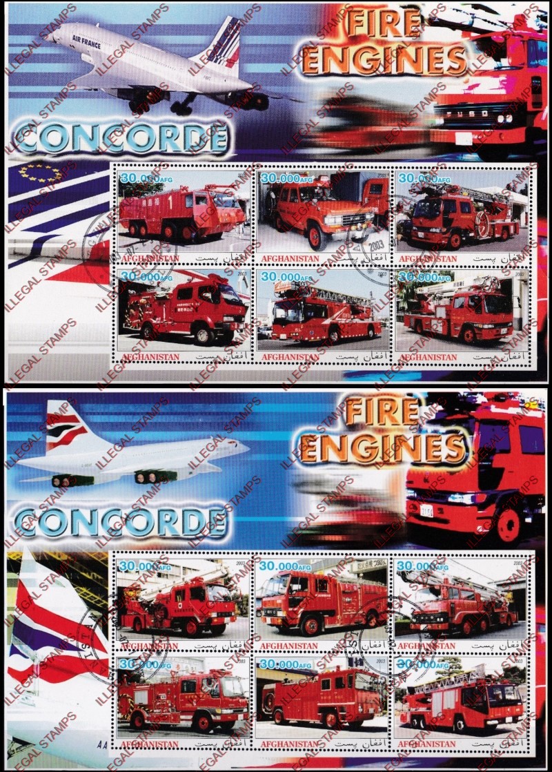 Afghanistan 2003 Fire Engines Concorde Illegal Stamp Sheetlets of Nine Afghanistan 2003 Fire Engines Concorde Illegal Stamp Sheetlets of Nine